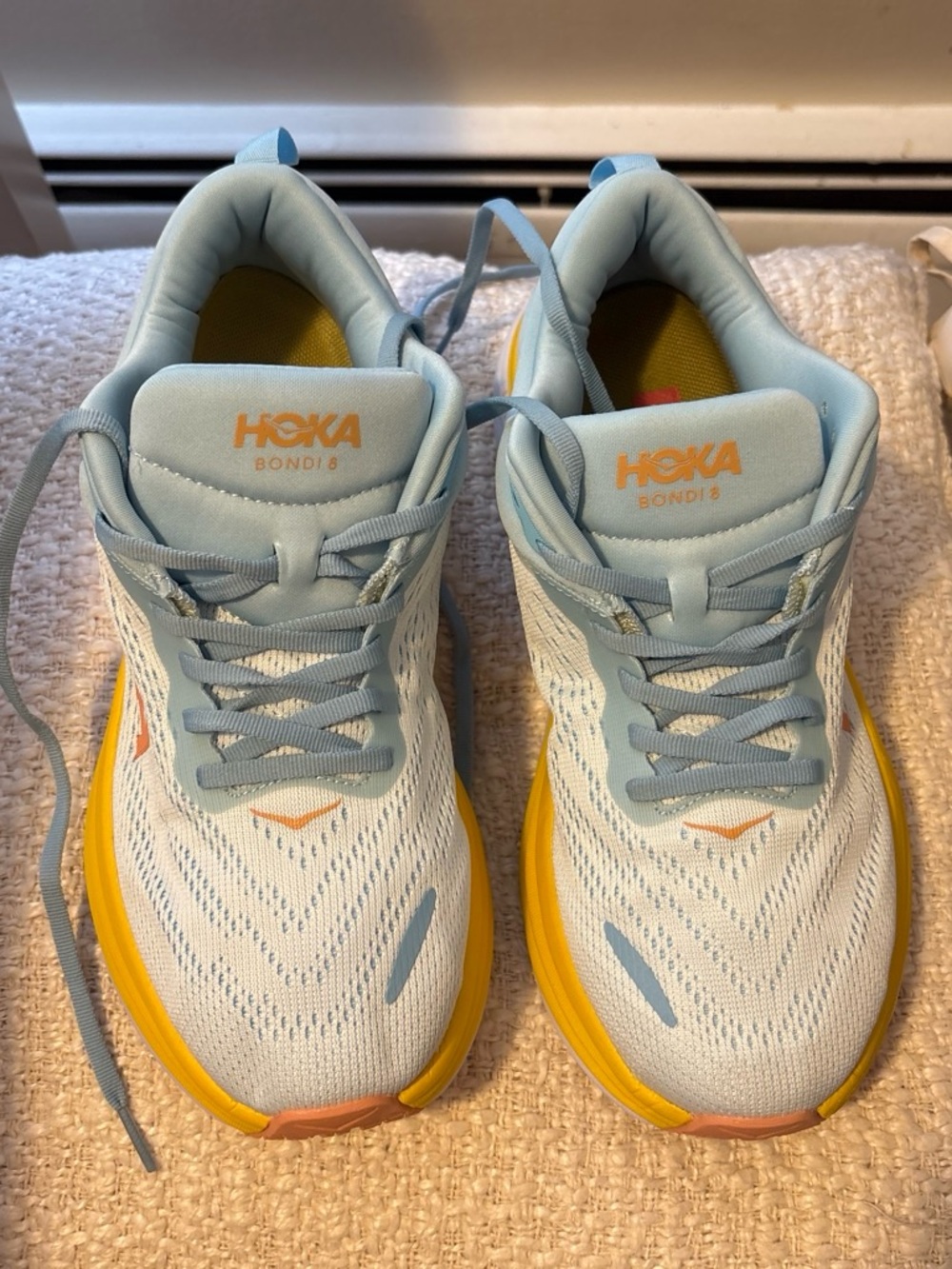 Hoka One One Women Light Blue & Yellow Bondi 8 Sneakers